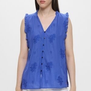Tommy Hilfiger Blue Floral Embroidered Sleeveless Button Front Top – Size 2 (S)